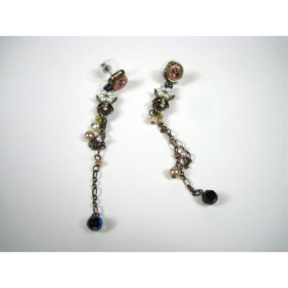 Vintage STYLE Long Dangle Earrings Imitation Pearls Rhinestones Chain Floral - Picture 2 of 7